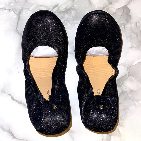 Yosi Samra Samara Black Glitter Leather Flat Sz 8